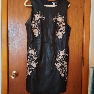 Bar III Faux Leather Black Dress with Cream Floral Embroidery